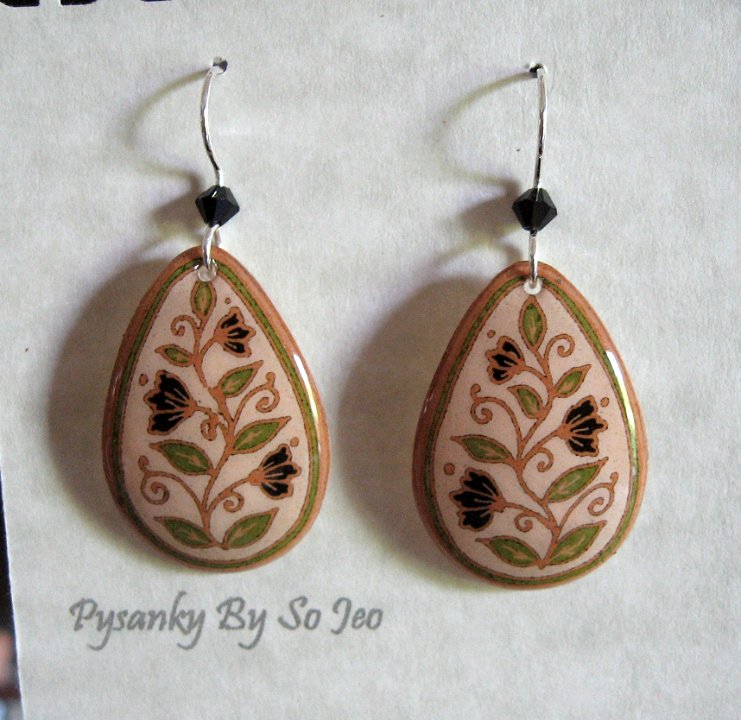 White & Green Spring Vines Teardrop Earrings Pysanky Jewelry by So Jeo